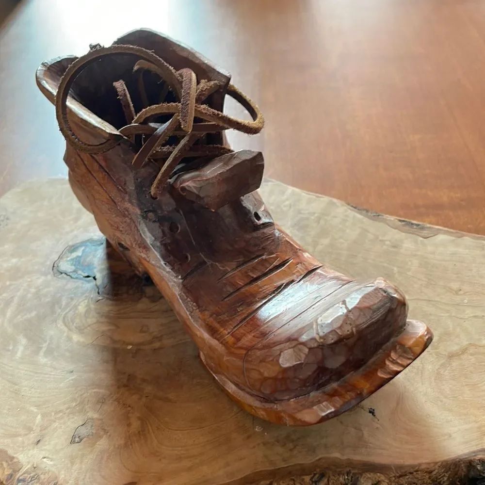 Vintage Folk Art Carved Wooden Boot / Shoe - Signed
